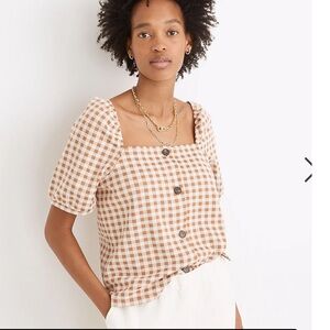 Madewell Gingham Jacquard Square-Neck Puff-Sleeve Top